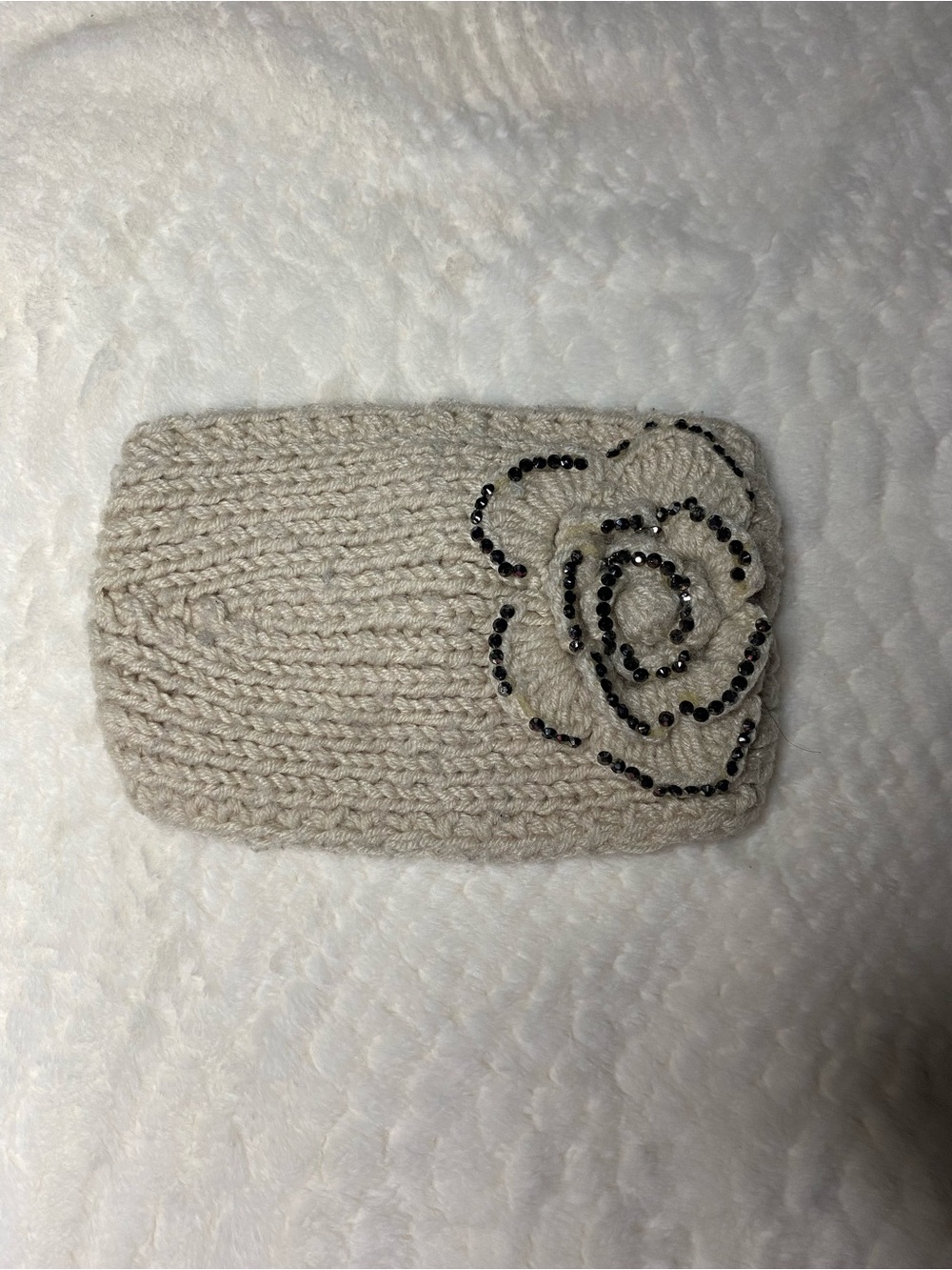 Knitted Floral Beaded Headband - Cream
